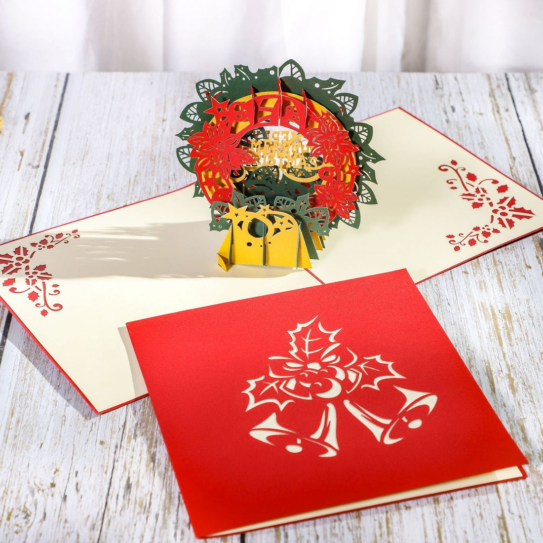 3D Pop Up Greeting Card, Handmade Paper Carved Christmas Wreath, Custom Logo, Christmas Gift