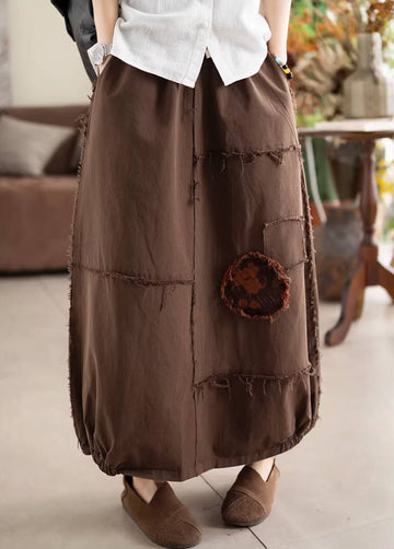 Spring Retro Cotton Patchwork Elastic Waist Casual Loose Skirt