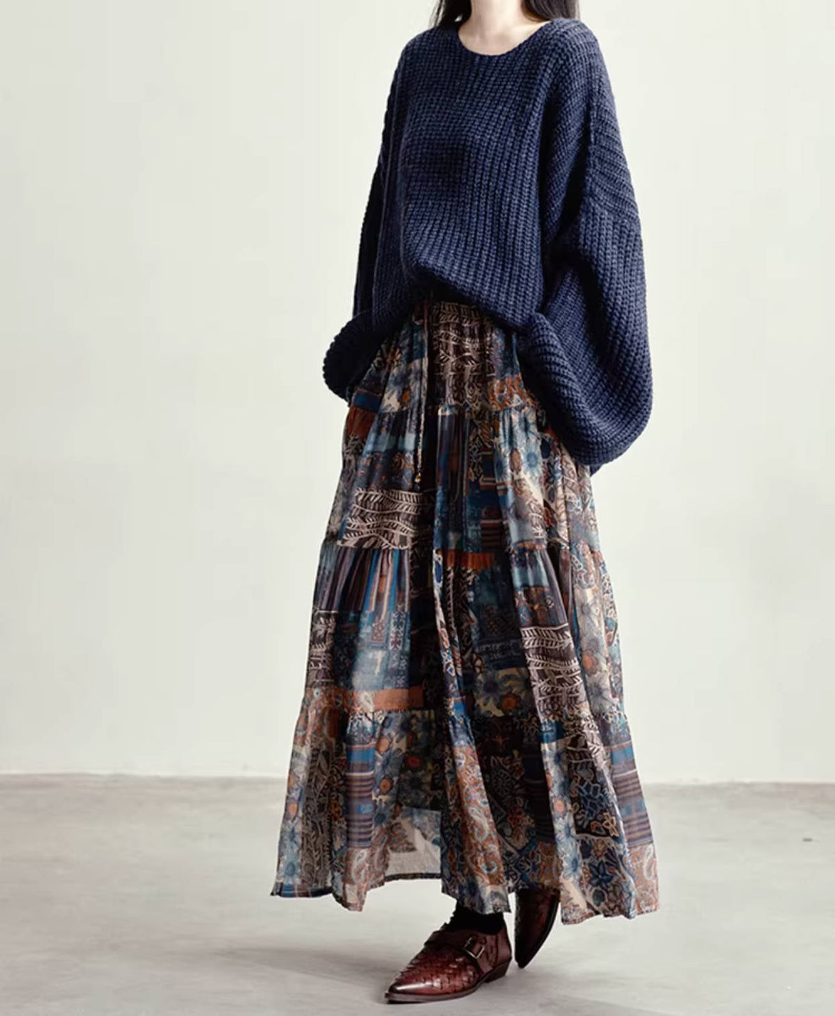 Vintage High Quality Lyocell Printed Patchwork Loose A-Line Skirt