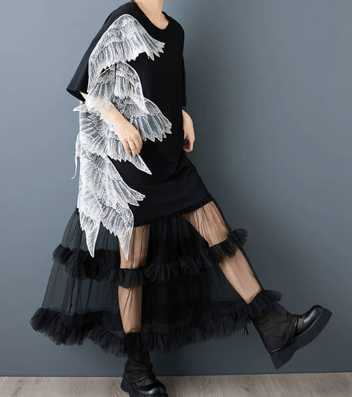 Loose Plus-Size 3D Embroidered Wings Ruched Tulle Patchwork Designer Dress