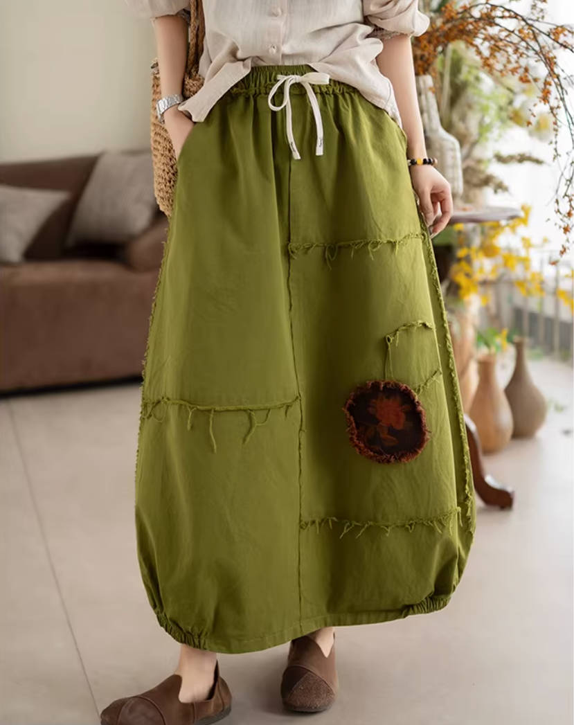Spring Retro Cotton Patchwork Elastic Waist Casual Loose Skirt