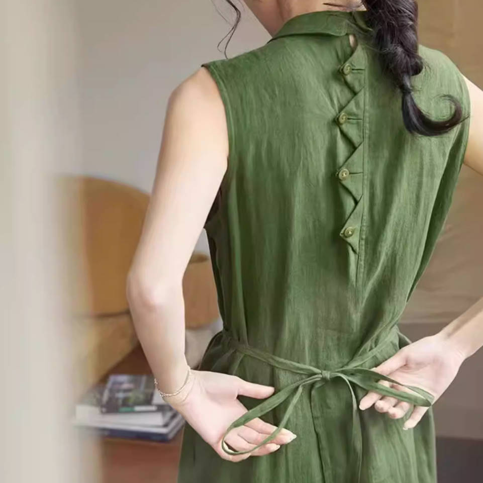 Summer Elegant Sleeveless Lapel Green Casual Loose Slim Dress