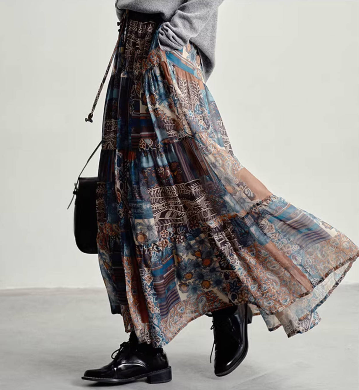 Vintage High Quality Lyocell Printed Patchwork Loose A-Line Skirt
