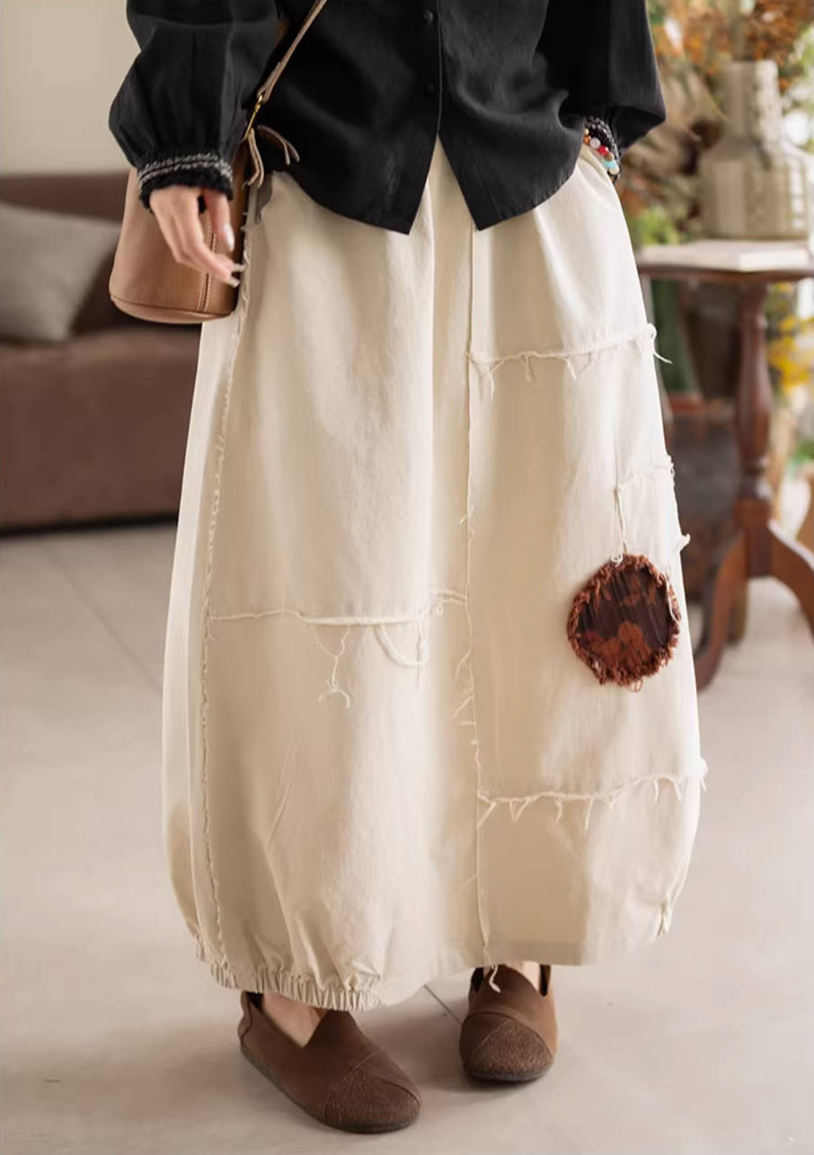 Spring Retro Cotton Patchwork Elastic Waist Casual Loose Skirt