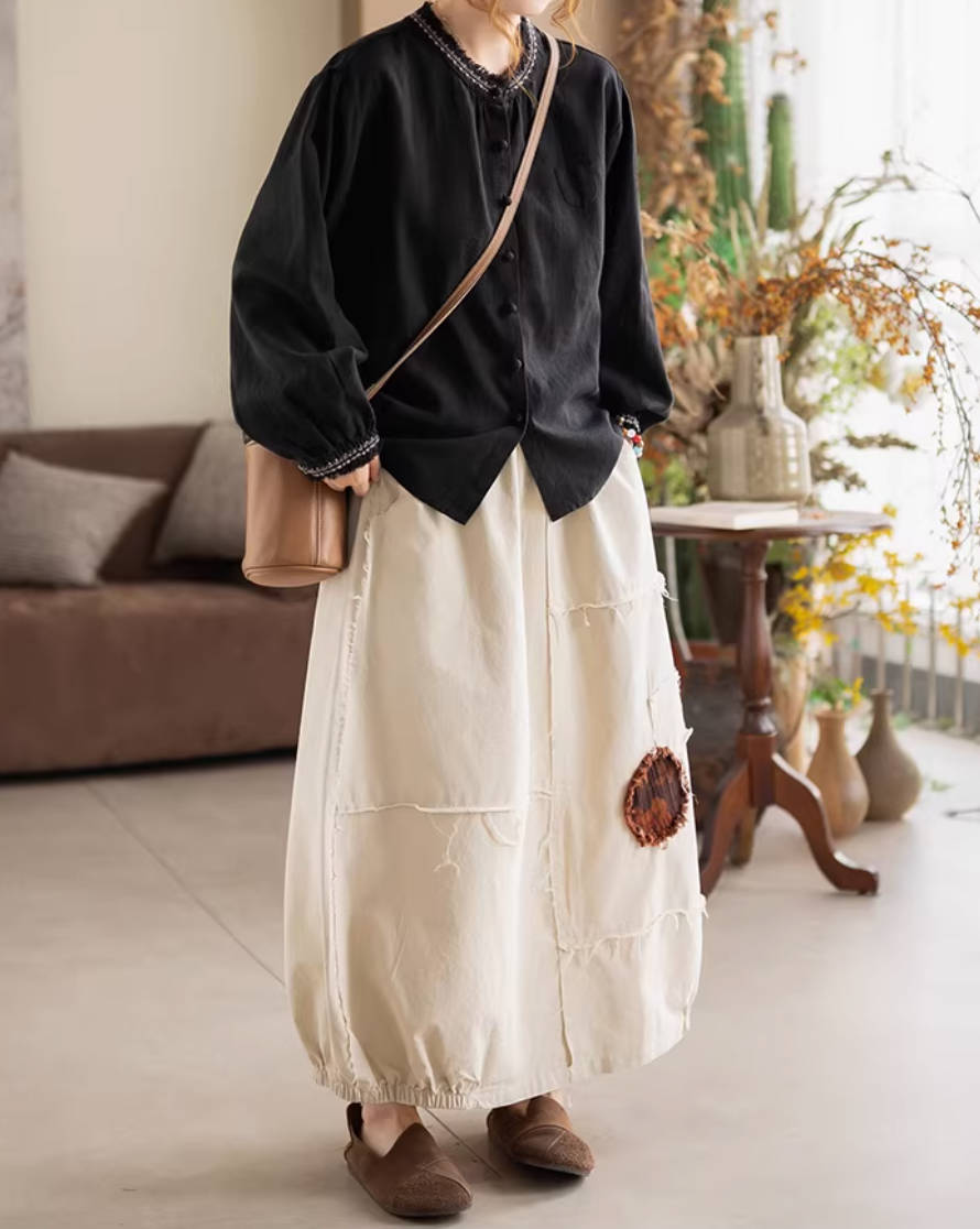 Spring Retro Cotton Patchwork Elastic Waist Casual Loose Skirt