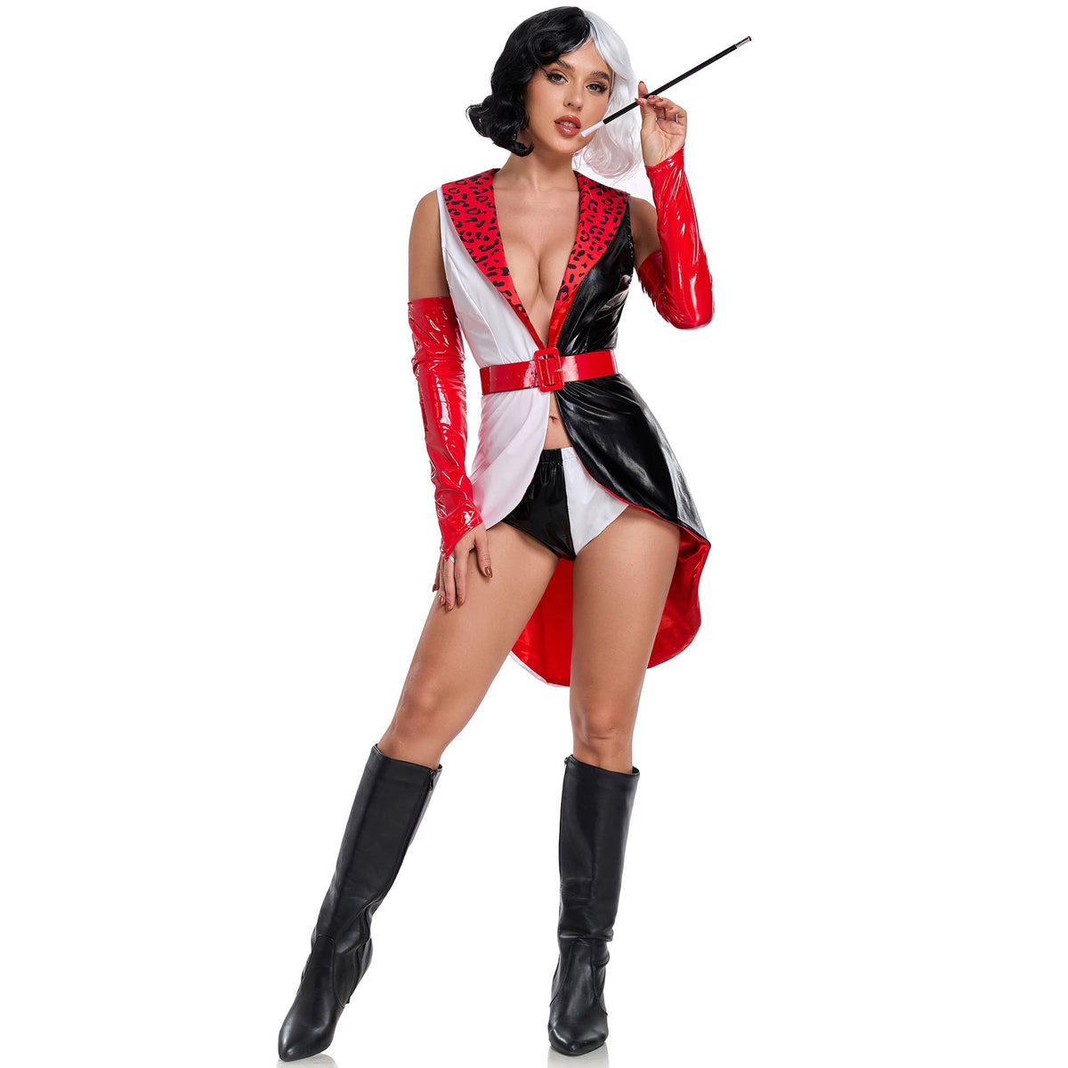 Cruella De Vil Cosplay Costume Black White Spots Halloween Party