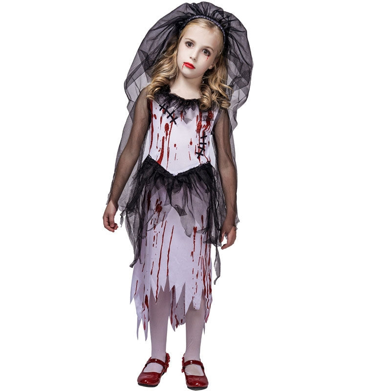 Girls Halloween Party Cosplay Ghost Bride Dress And Veil Two Pieces Suits