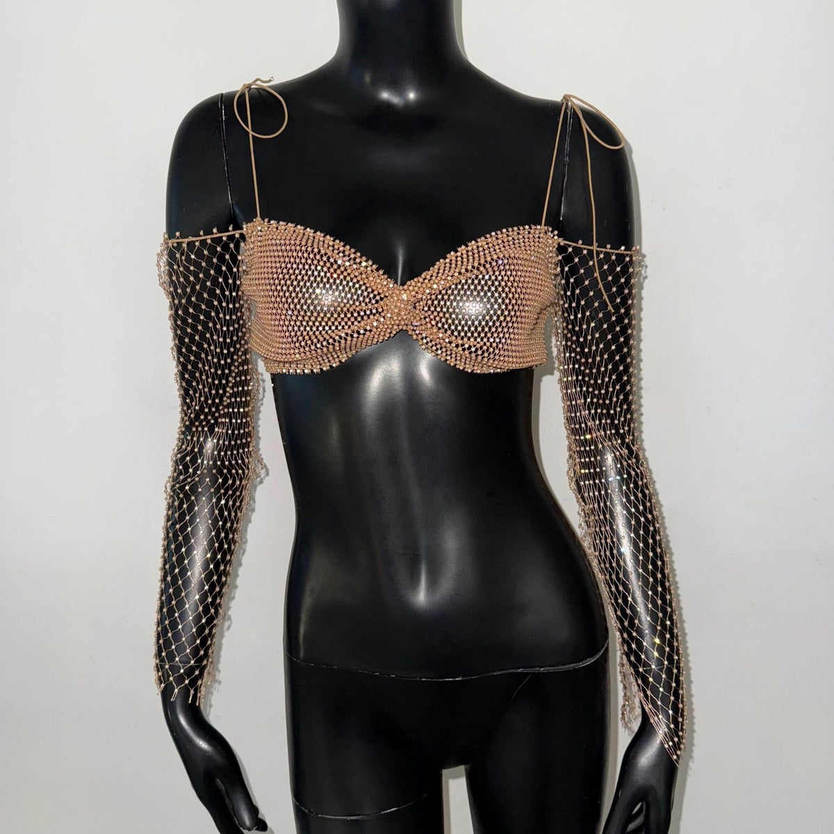 WOMEN'S GOLD RHINESTONE FISHNET CROP TOP