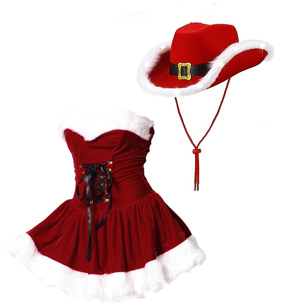 Red Fluffy Christmas Sexy Dress With Cowboy Hat Santa Costume