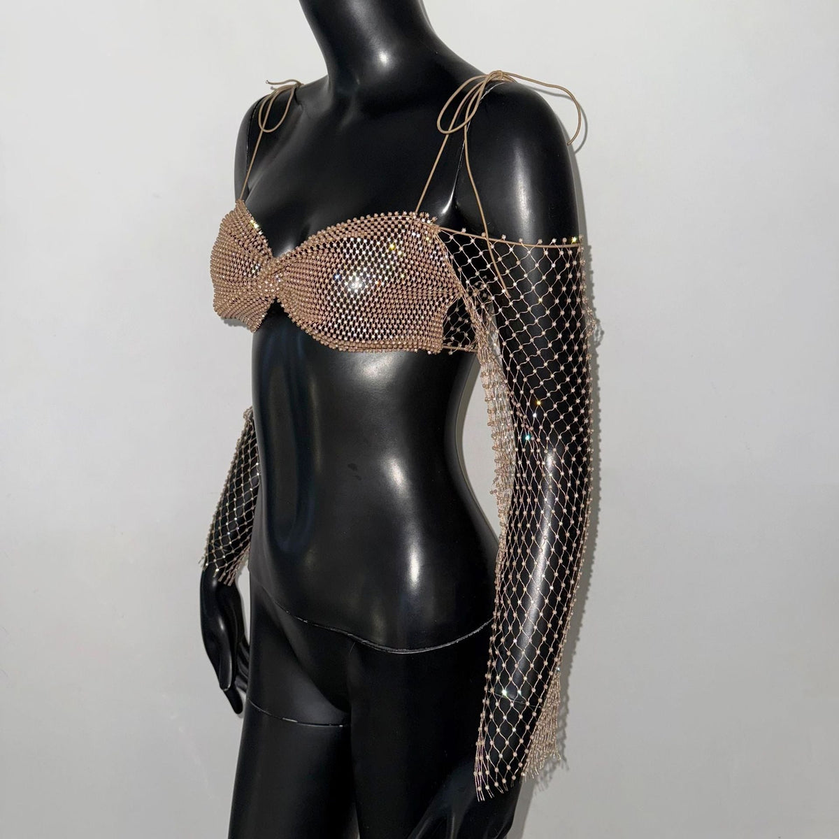 WOMEN'S GOLD RHINESTONE FISHNET CROP TOP