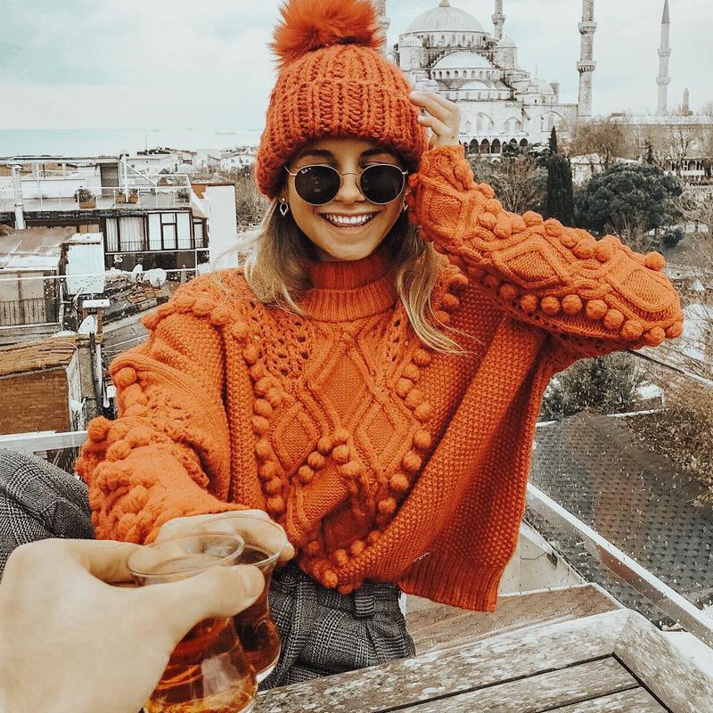 BALL DECORATION HIGH NECK SOLID COLOR LOOSE WOMEN SWEATER