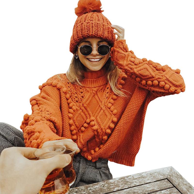 BALL DECORATION HIGH NECK SOLID COLOR LOOSE WOMEN SWEATER