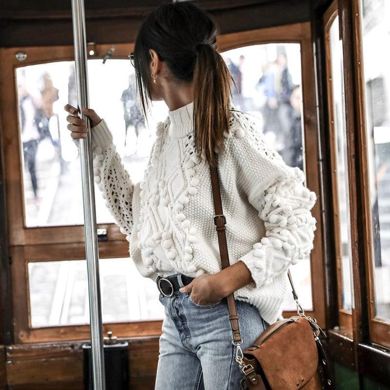 BALL DECORATION HIGH NECK SOLID COLOR LOOSE WOMEN SWEATER