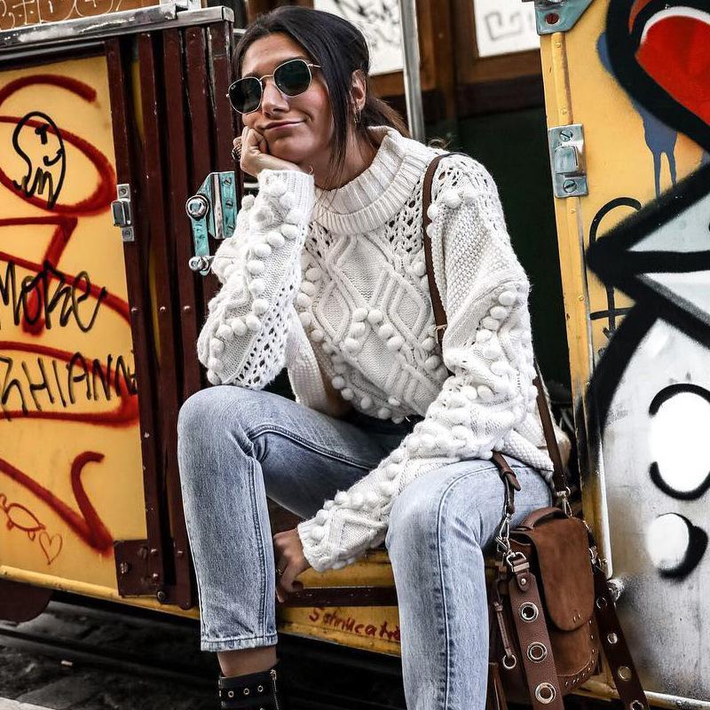 BALL DECORATION HIGH NECK SOLID COLOR LOOSE WOMEN SWEATER