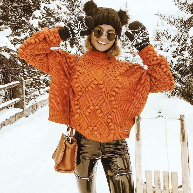 BALL DECORATION HIGH NECK SOLID COLOR LOOSE WOMEN SWEATER