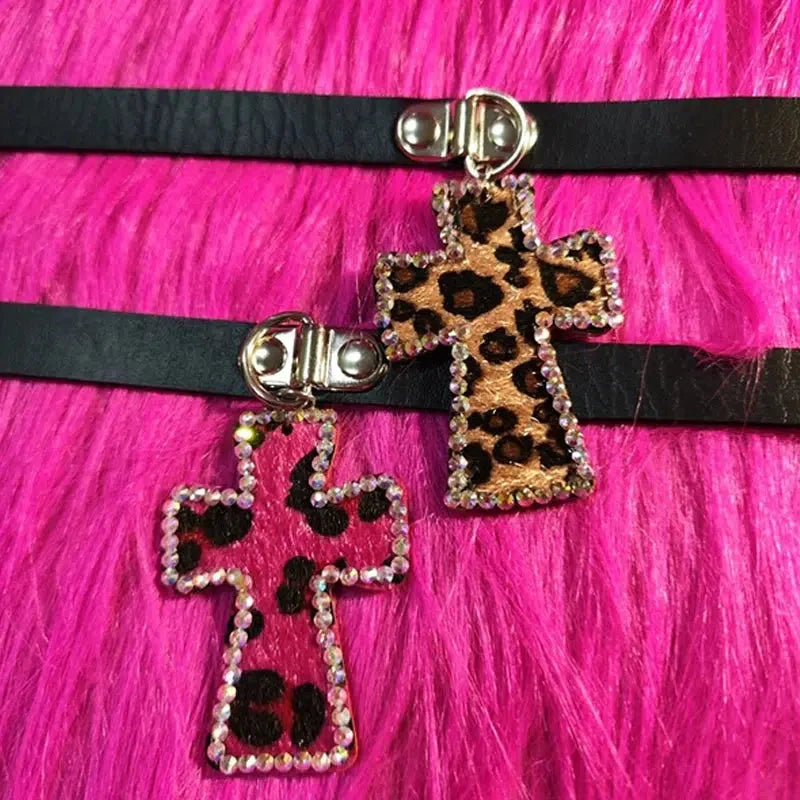 Bimbocore Leopard Cross Choker Necklace