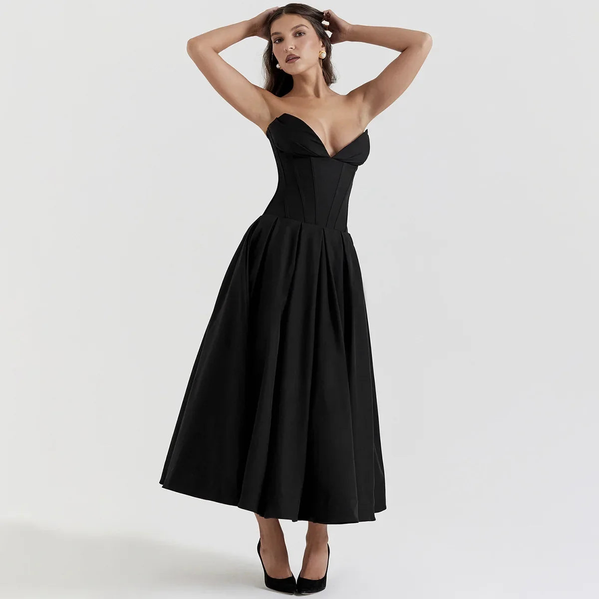 Black Plunge Corset Midi Dress