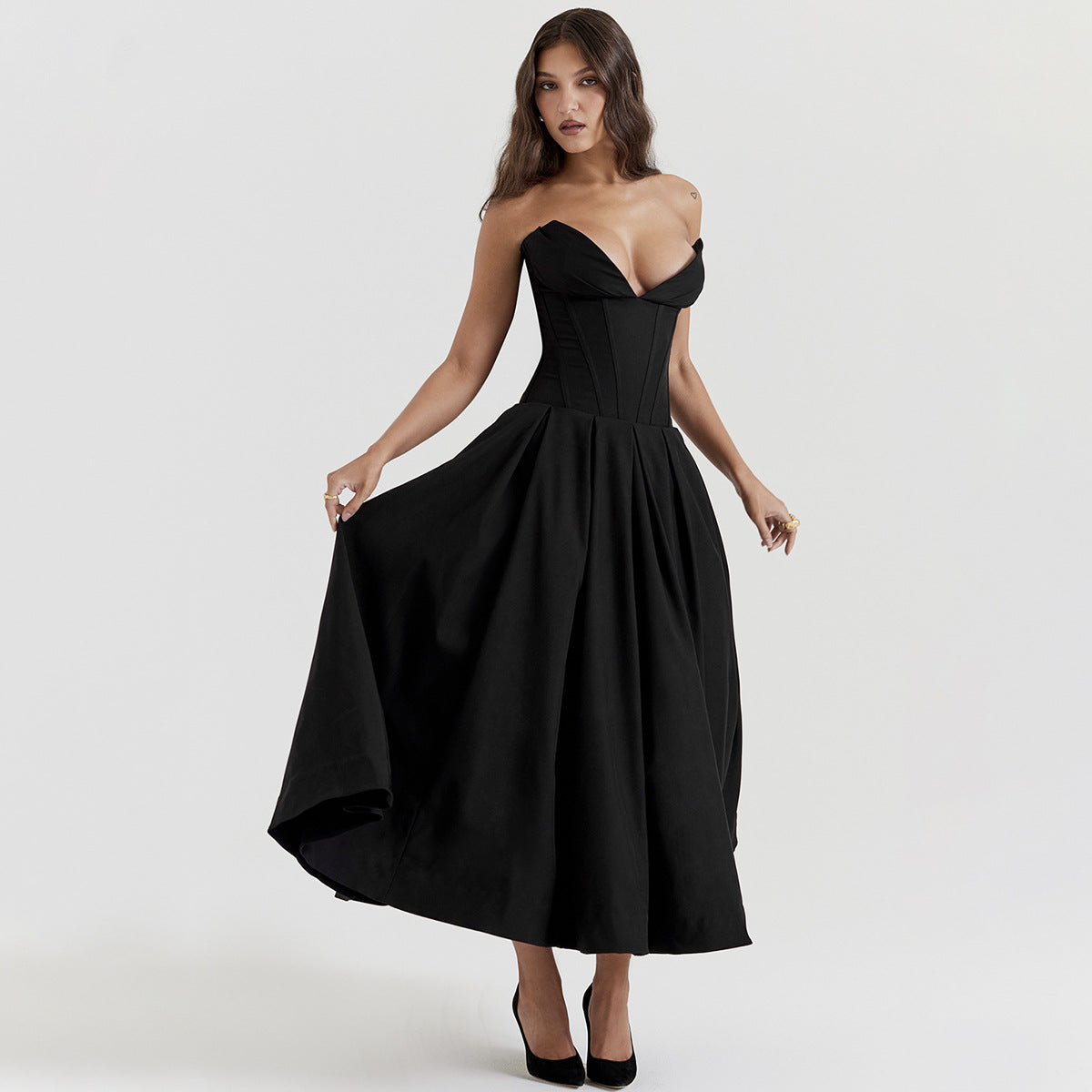 Black Plunge Corset Midi Dress