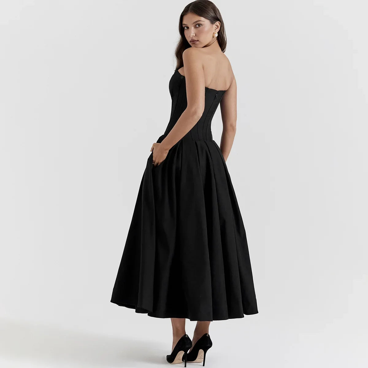 Black Plunge Corset Midi Dress