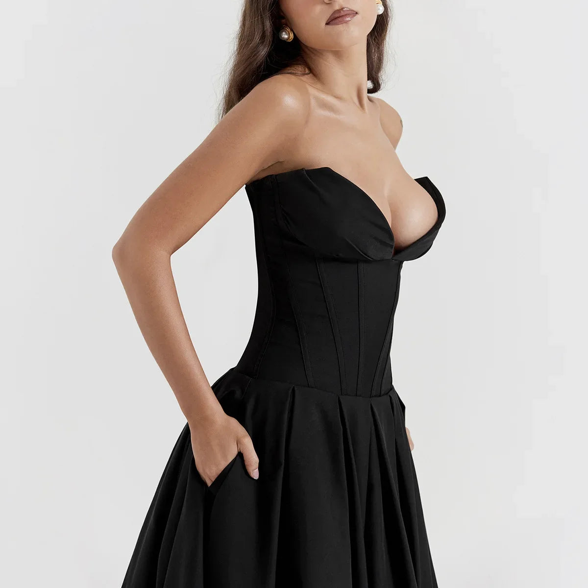 Black Plunge Corset Midi Dress