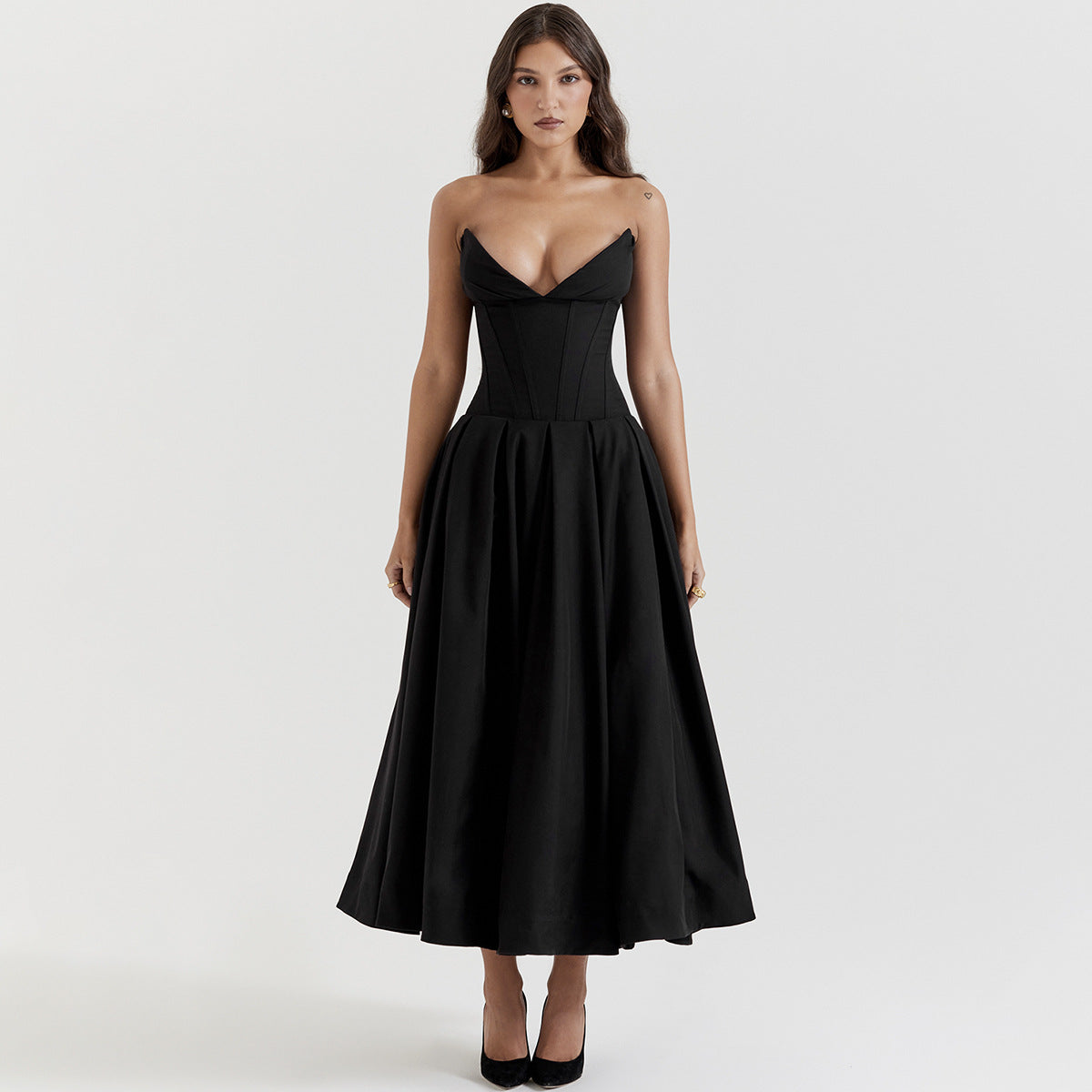 Black Plunge Corset Midi Dress