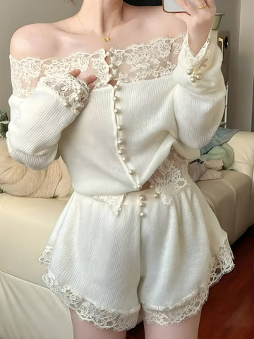 Coquette Pearl Button Lace Two Piece Set