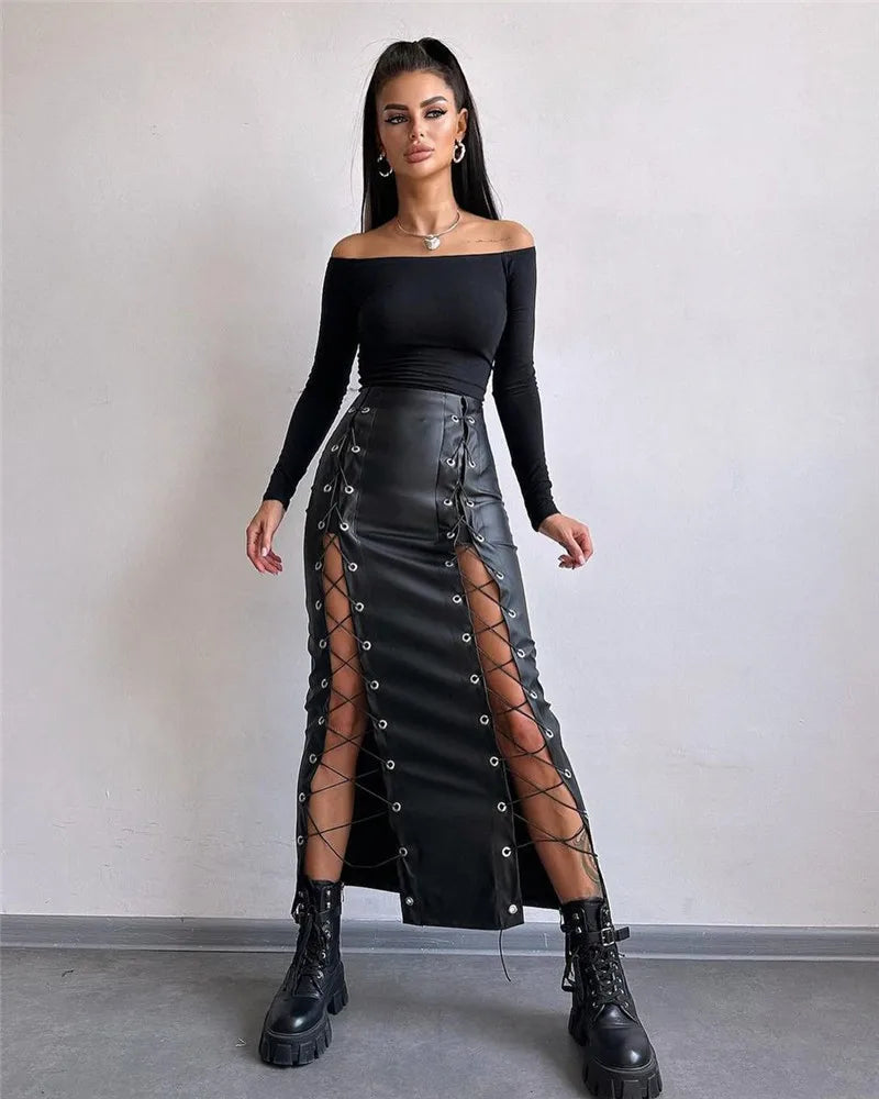 Lace-Up Faux Leather Midi Skirt