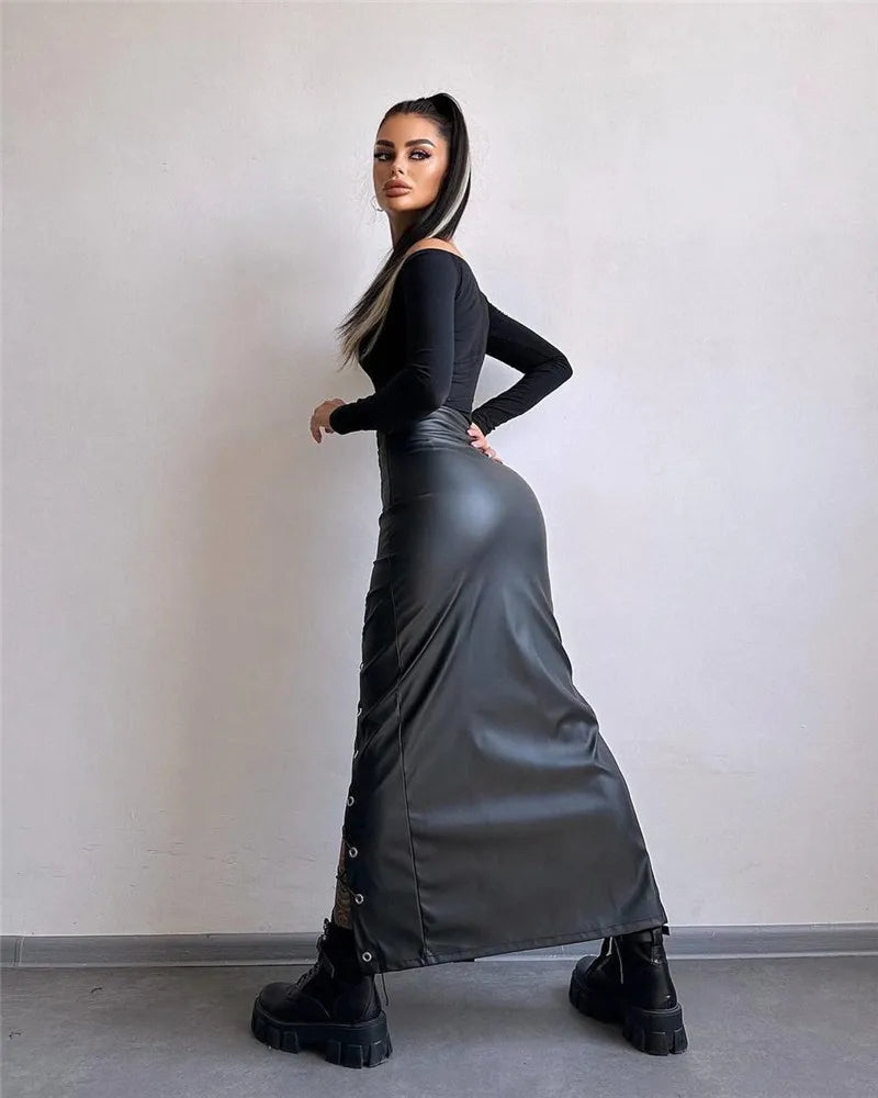 Lace-Up Faux Leather Midi Skirt