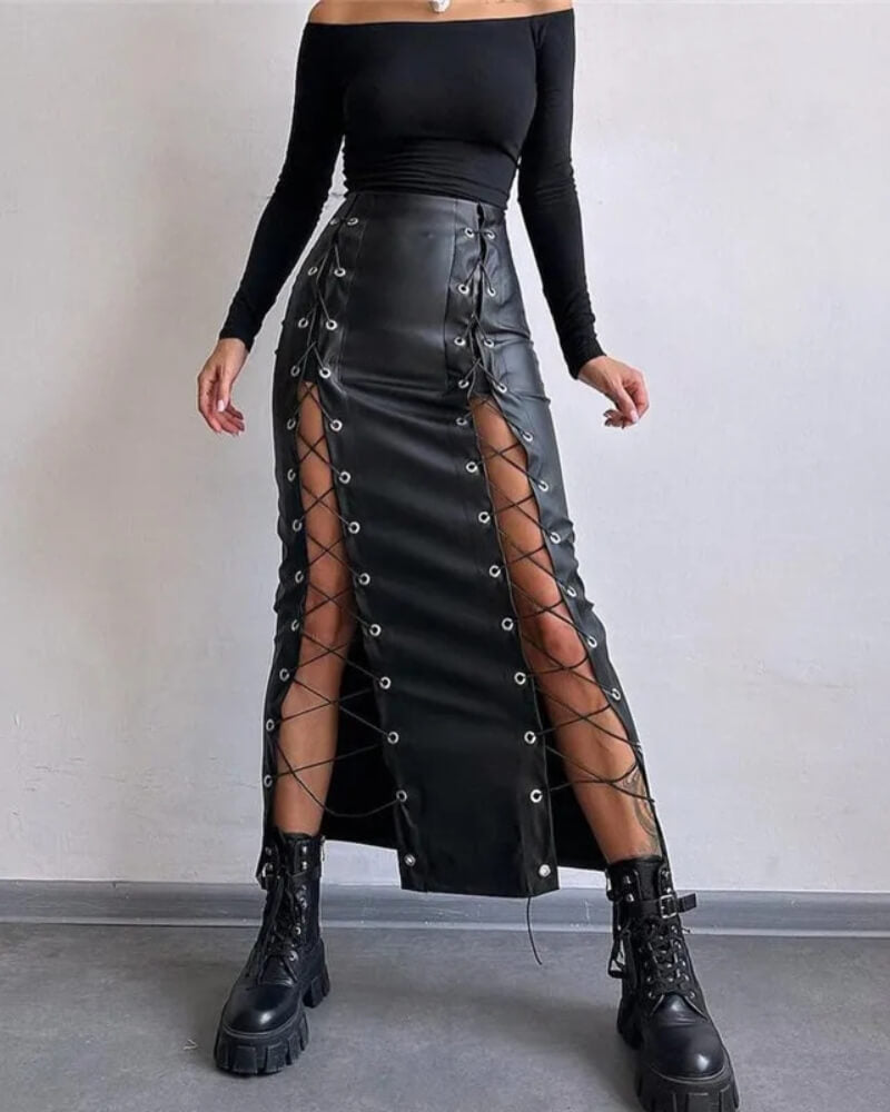 Lace-Up Faux Leather Midi Skirt