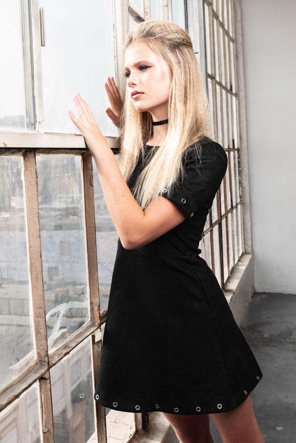 Metal Eyelet Faux Suede Dress