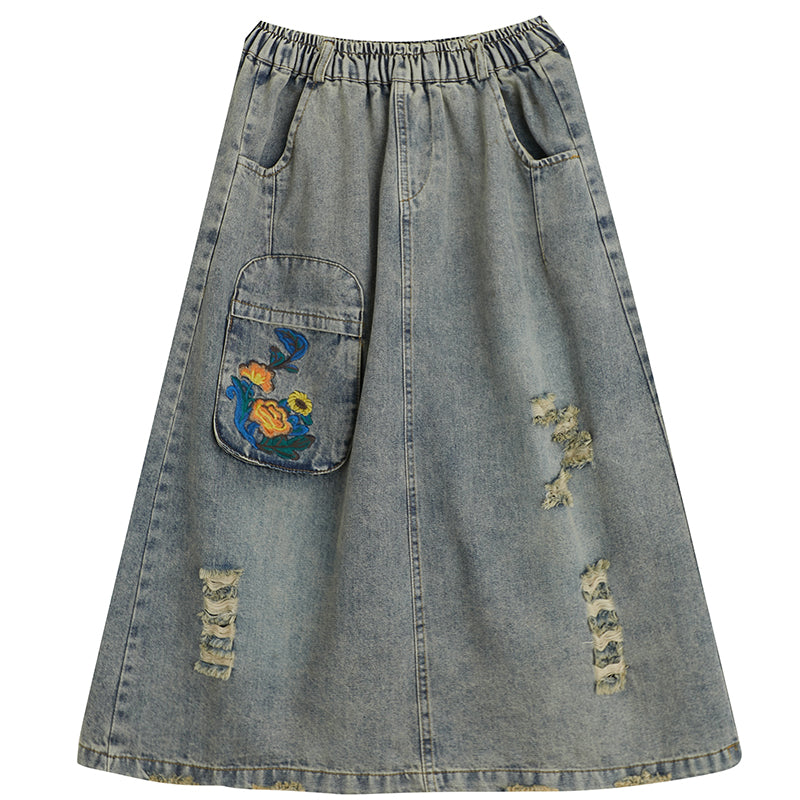Women's Vintage Distressed Floral Embroidered Denim Midi Skirt