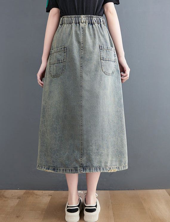 Women's Vintage Distressed Floral Embroidered Denim Midi Skirt
