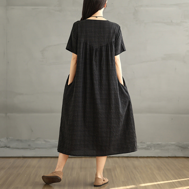Women Summer Cotton Linen Round Neck Plaid Dress