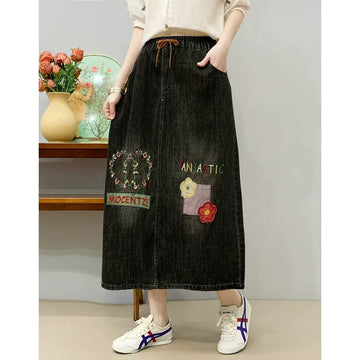 Women Casual Denim Cute Pattern Elastic Waist Lace Up Skirt