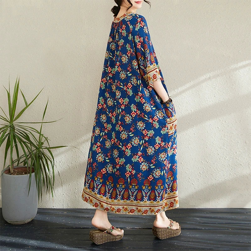 Women Summer Vintage Cotton Printed Floral Loose Dress