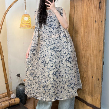 Women Retro Summer Digital Printed Round Neck Tank Dress