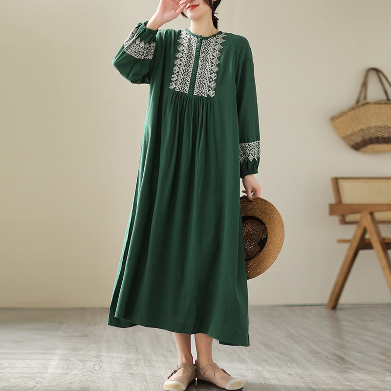 Loose Round Neck Embroidered Long Sleeves Midi Dresses
