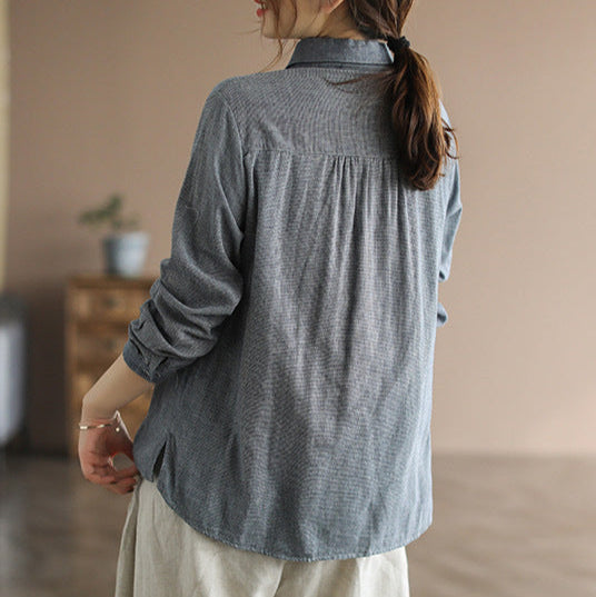 Women's Spring Loose Houndstooth Embroidered Cotton Linen Shirt