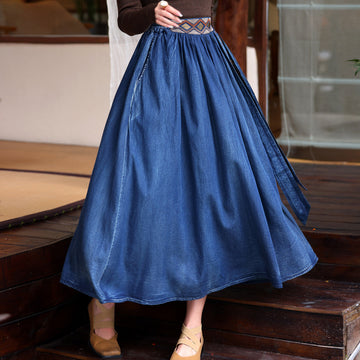 High Quality Washed Vintage Ethnic Embroidered Denim Maxi Skirt