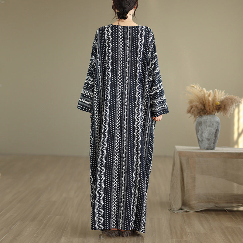 Women Autumn Linen Cotton V-Neck Striped Loose Dress