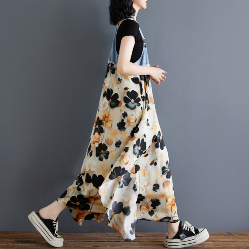 Women's Floral Spaghetti Strap Denim Patchwork Maxi Dress