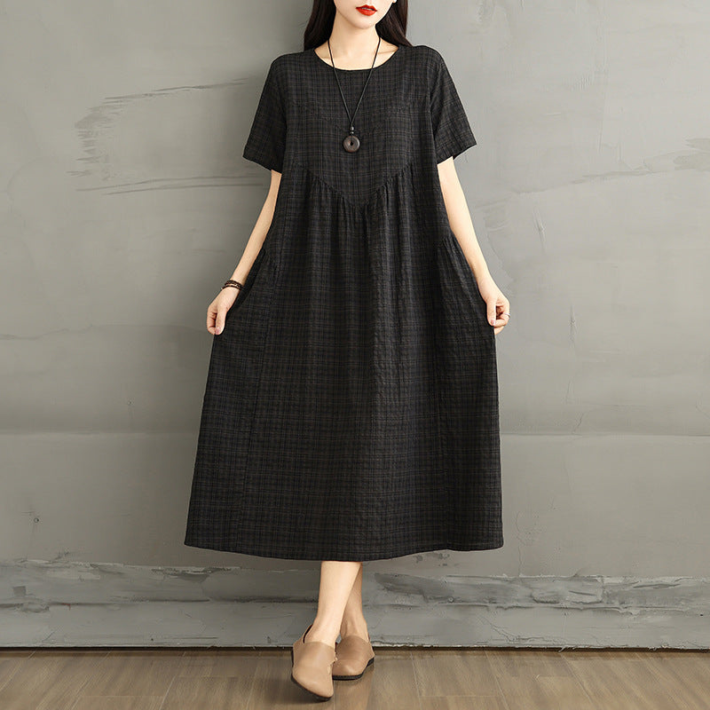 Women Summer Cotton Linen Round Neck Plaid Dress