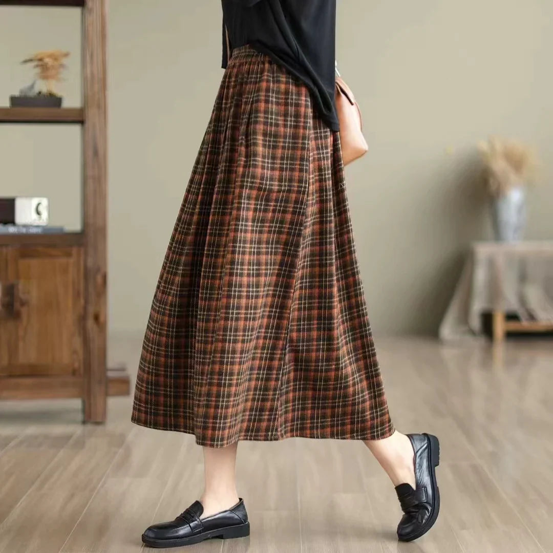 Women Summer Retro Cotton Plaid Loose Versatile A-Line Skirt
