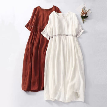 Women Summer Retro Cotton Linen Embroidered Plus Size Dress