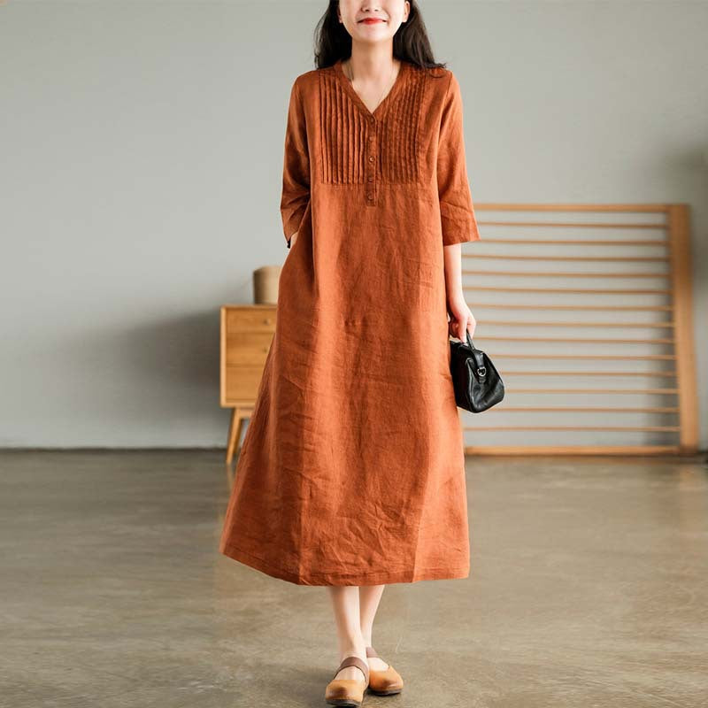 Summer Retro Cotton Linen V-Neck Patchwork Dress