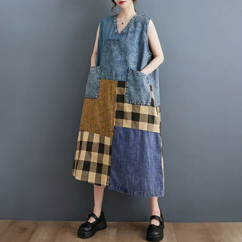 Retro Plaid Patchwork V-Neck Sleeveless Denim Midi Dress