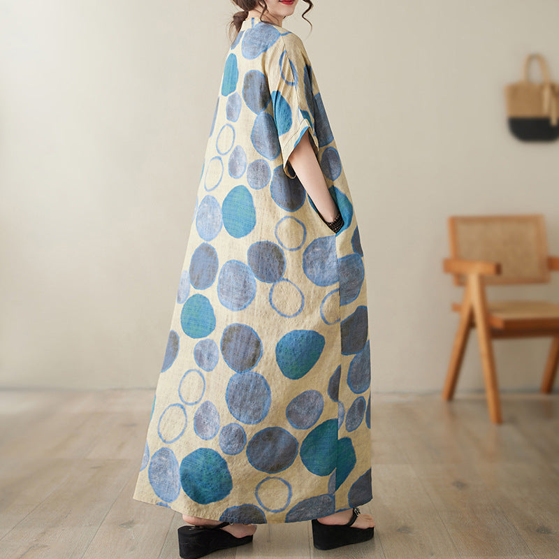 Women Summer Casual Cotton Linen V-Neck Plus Size Dress