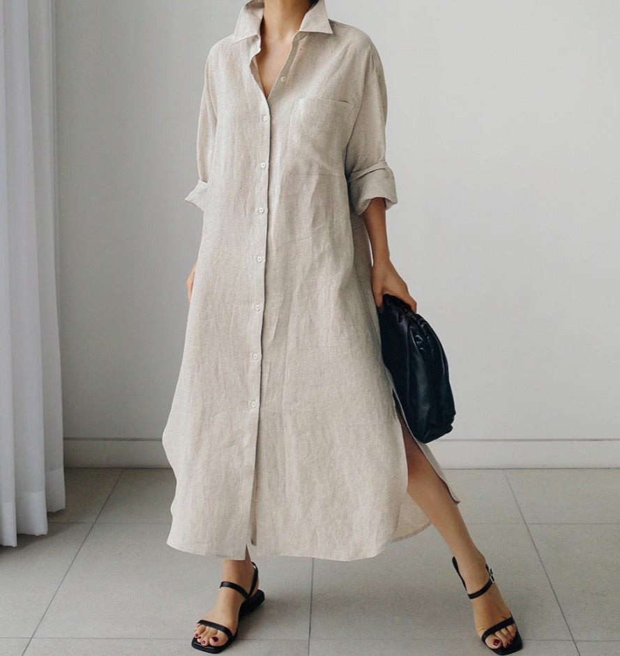 Women Spring Loose Mid-Length Slit Cotton Linen Shirt Dress