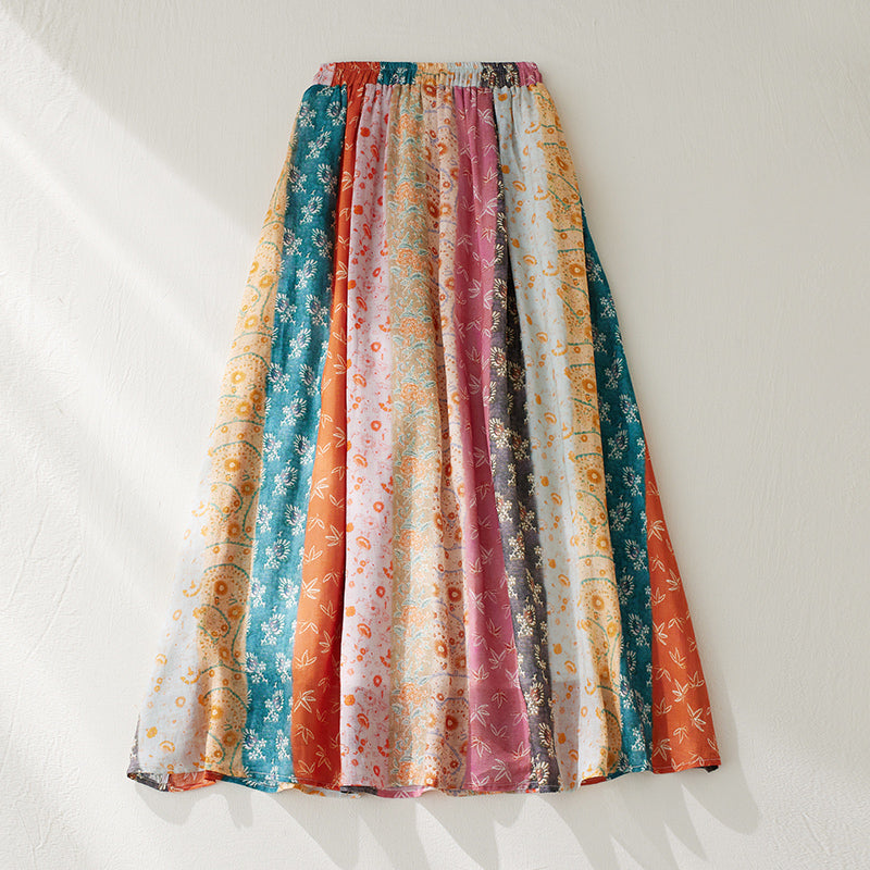 Women Spring Ethnic Style Ramie Patchwork A-Line Skirt