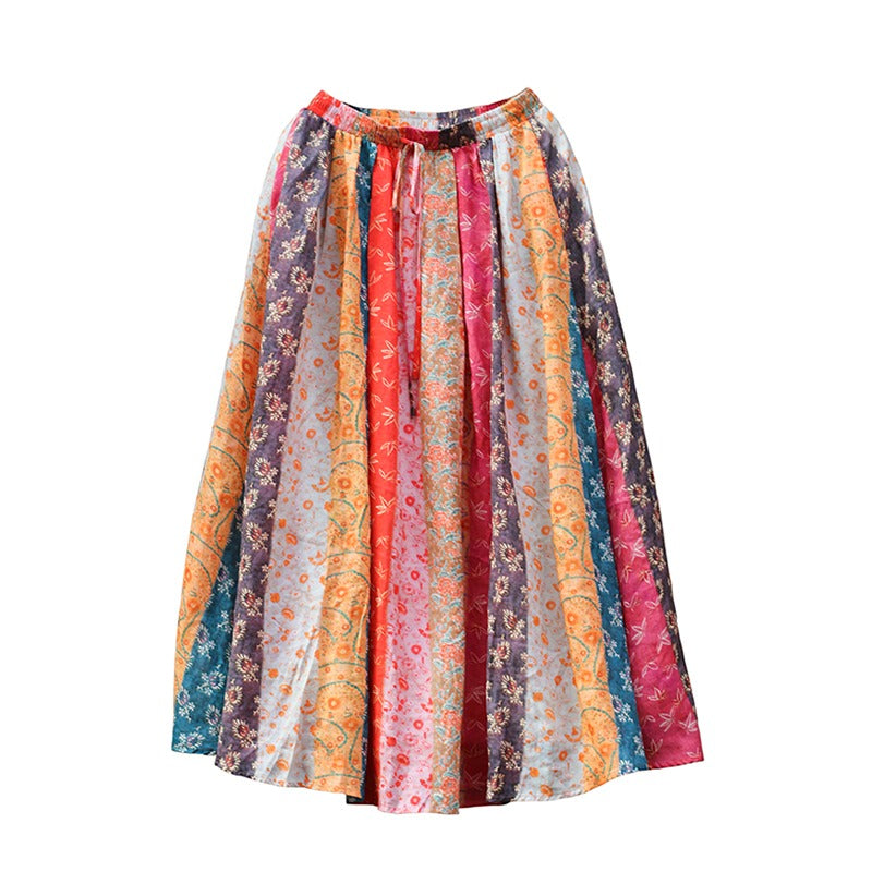 Women Spring Ethnic Style Ramie Patchwork A-Line Skirt